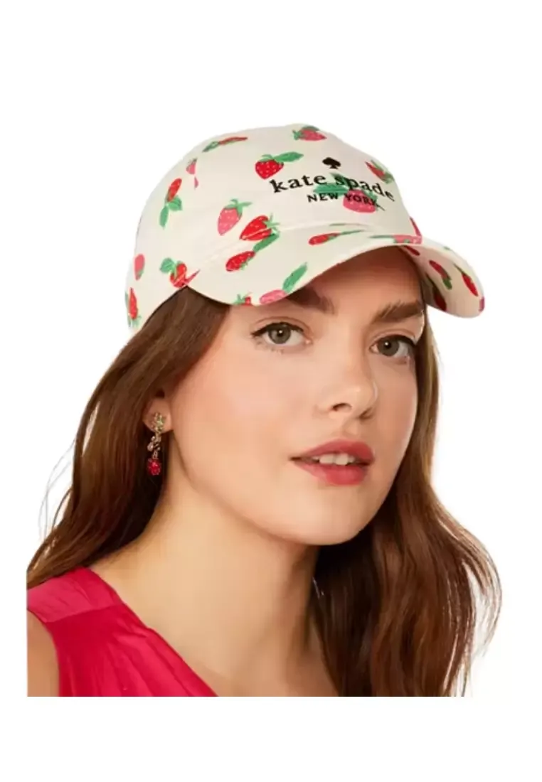 Kate Spade Tossed Strawberry Printed Baseball Cap In Cream KS1004359