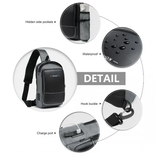 Kono Smart Sling Chest Bag with USB Charging Port - Lightweight Crossbody Backpack for Men & Women (Grey & Black)