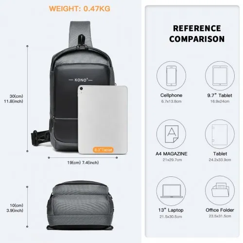 Kono Smart Sling Chest Bag with USB Charging Port - Lightweight Crossbody Backpack for Men & Women (Grey & Black)