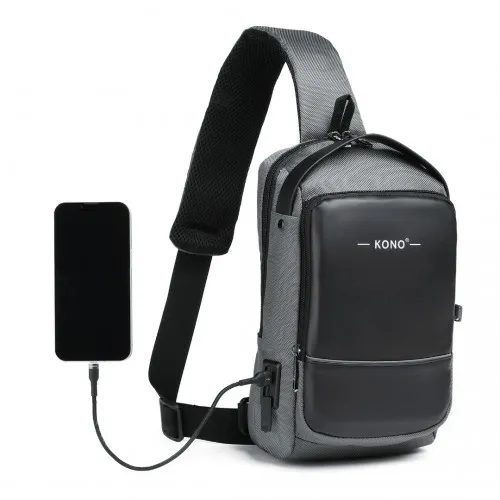 Kono Smart Sling Chest Bag with USB Charging Port - Lightweight Crossbody Backpack for Men & Women (Grey & Black)