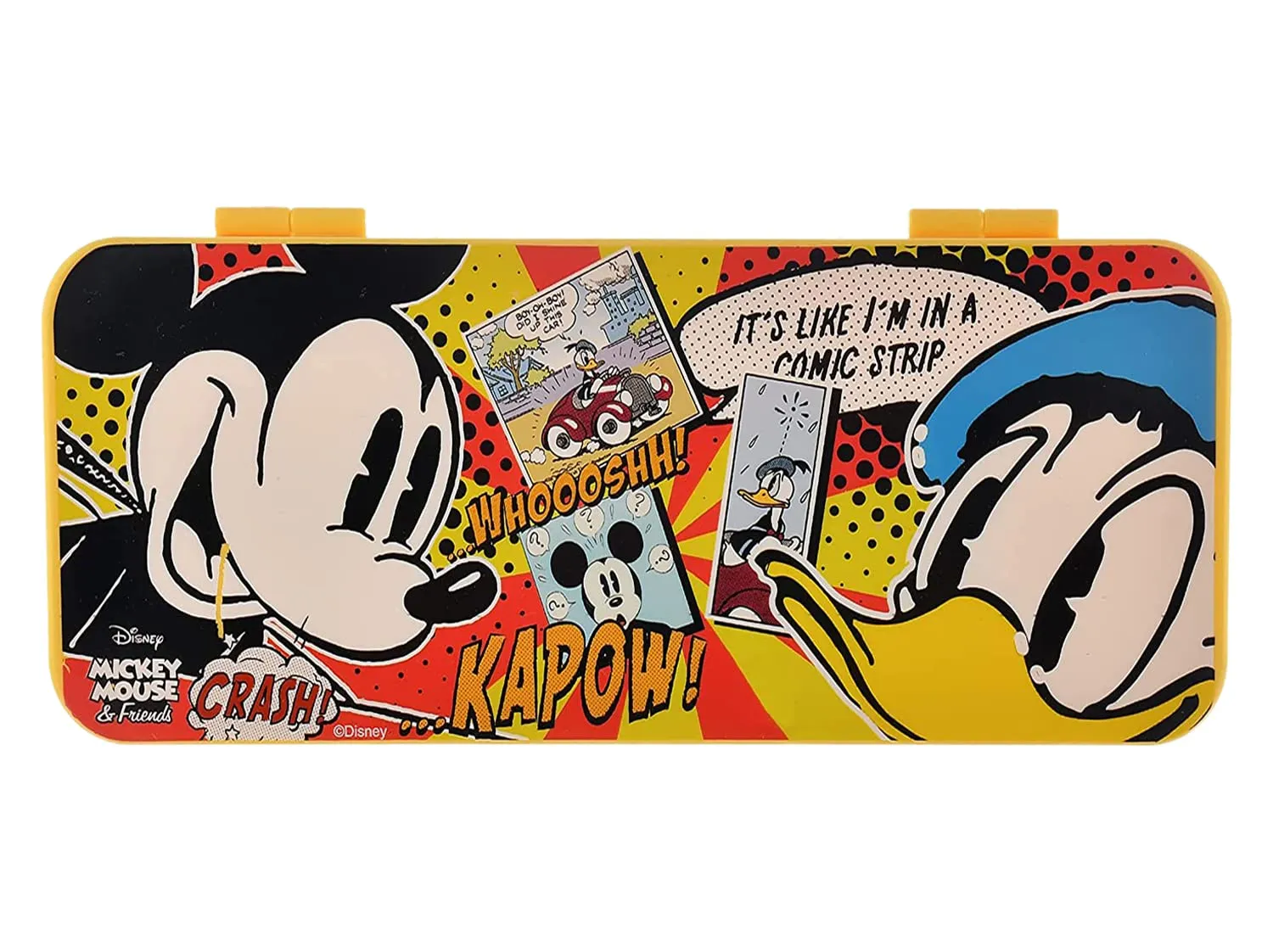 Kuber Industries Mickey Mouse & Friends Printed Plastic Pencil Box with Number Lock Passward & Accessories (Yellow)-50KM01273