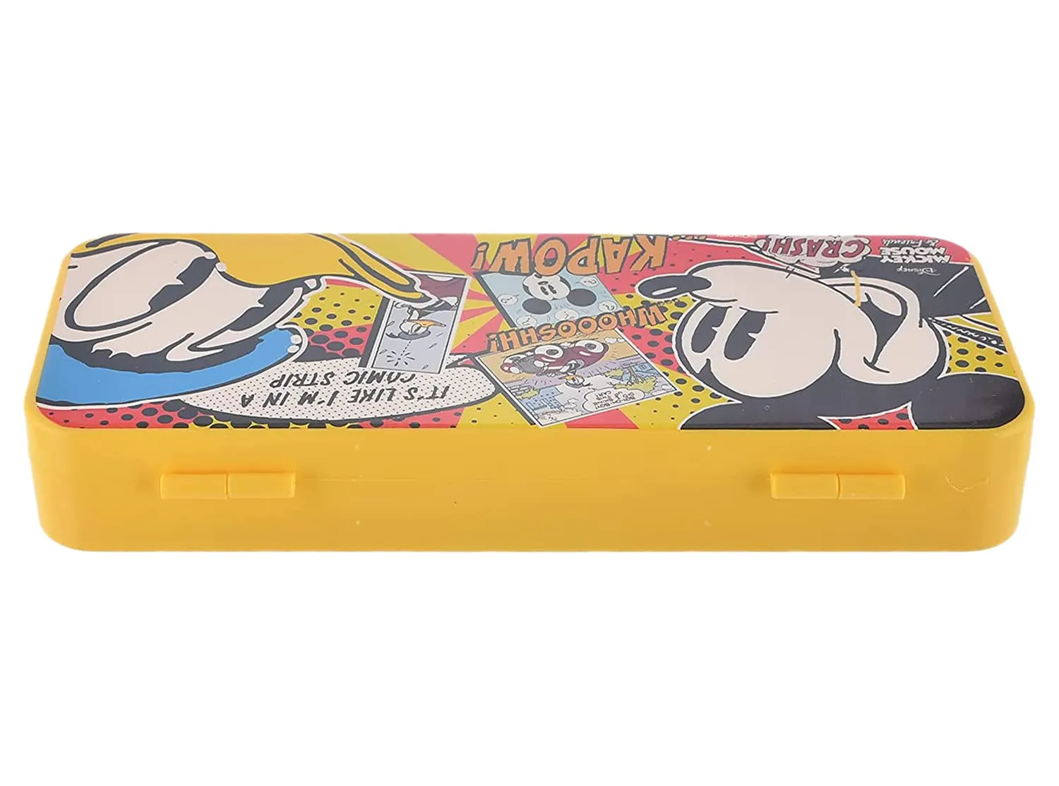 Kuber Industries Mickey Mouse & Friends Printed Plastic Pencil Box with Number Lock Passward & Accessories (Yellow)-50KM01273