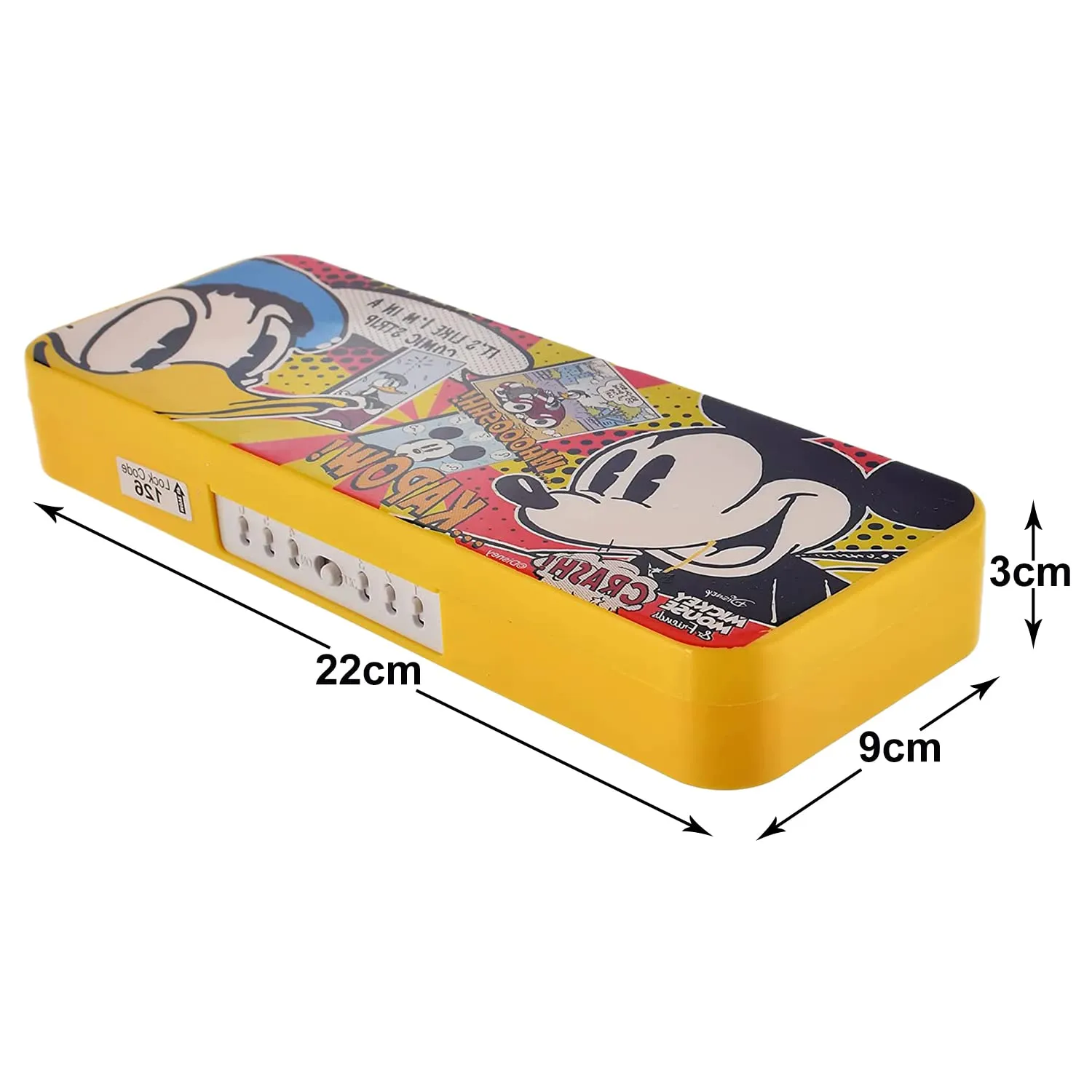 Kuber Industries Mickey Mouse & Friends Printed Plastic Pencil Box with Number Lock Passward & Accessories (Yellow)-50KM01273