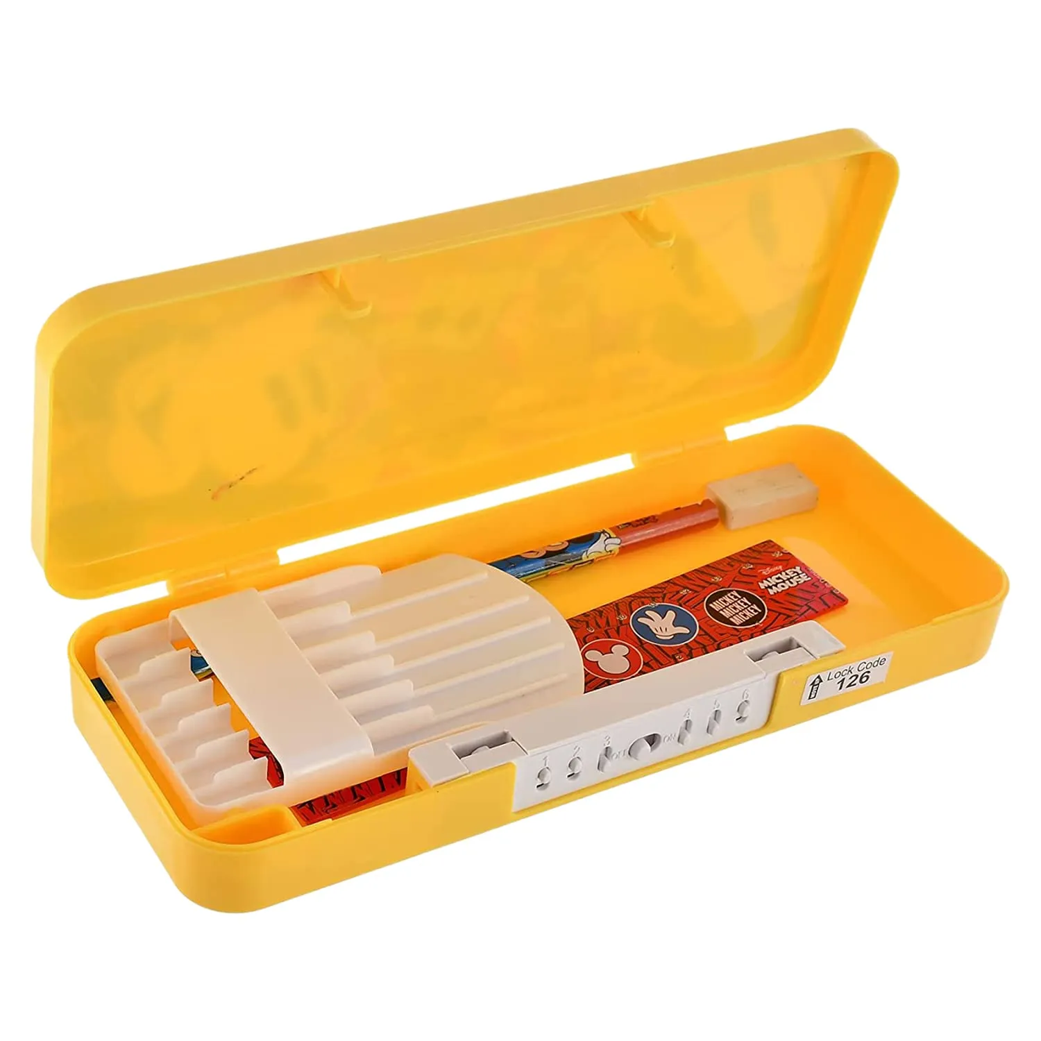 Kuber Industries Mickey Mouse & Friends Printed Plastic Pencil Box with Number Lock Passward & Accessories (Yellow)-50KM01273