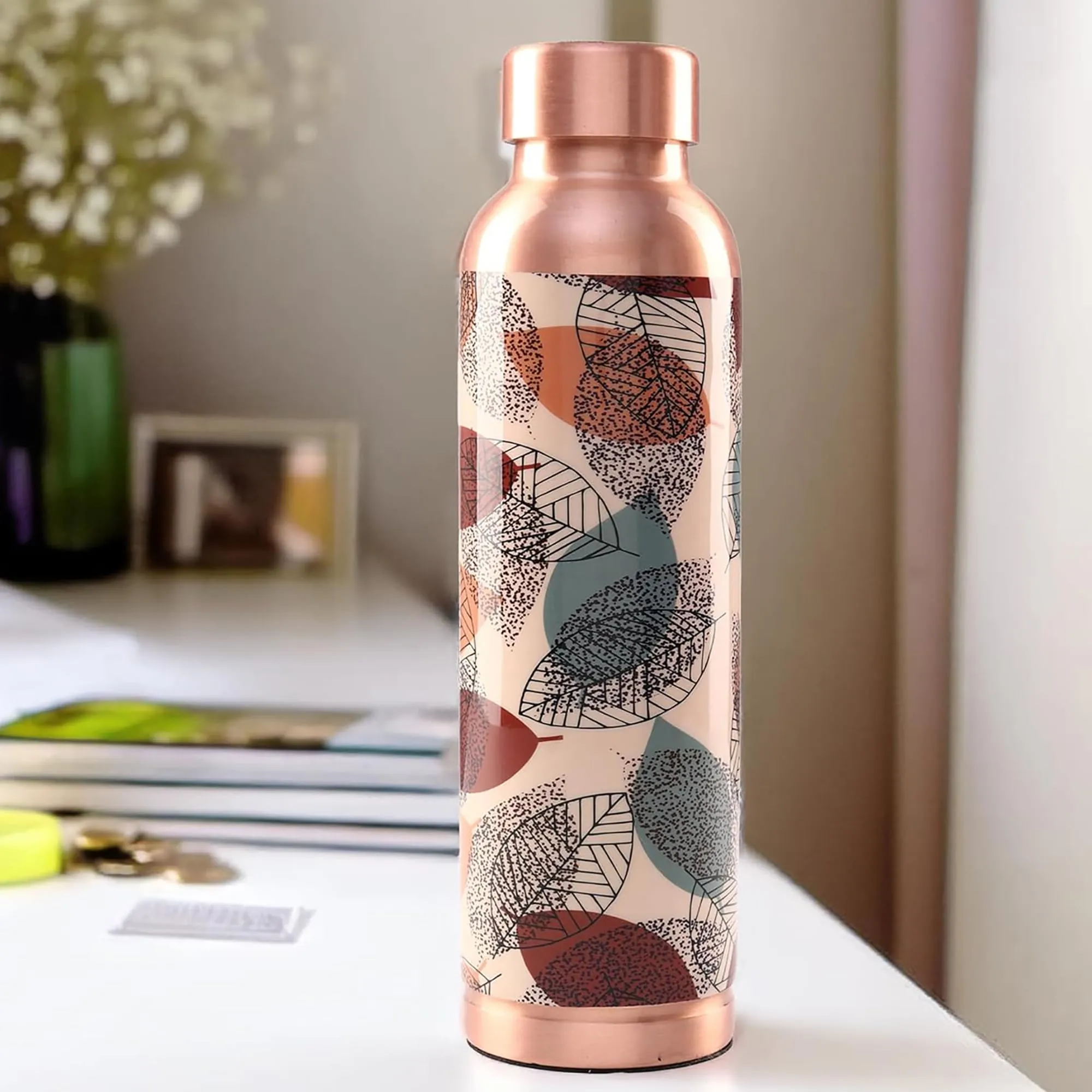 Kuber Industries Pack of 2 Copper Water Bottle - Leakproof & 950ml Non-Toxic Tamaba Bottle for Office/Gym/Yoga/College, Men & Women - Printed