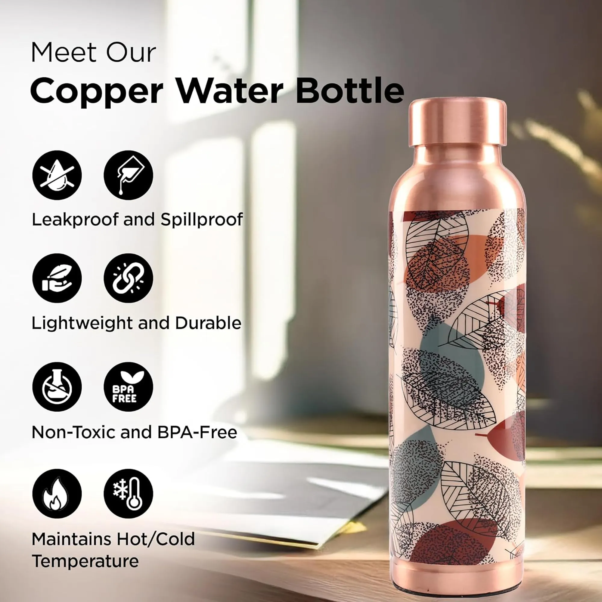 Kuber Industries Pack of 2 Copper Water Bottle - Leakproof & 950ml Non-Toxic Tamaba Bottle for Office/Gym/Yoga/College, Men & Women - Printed