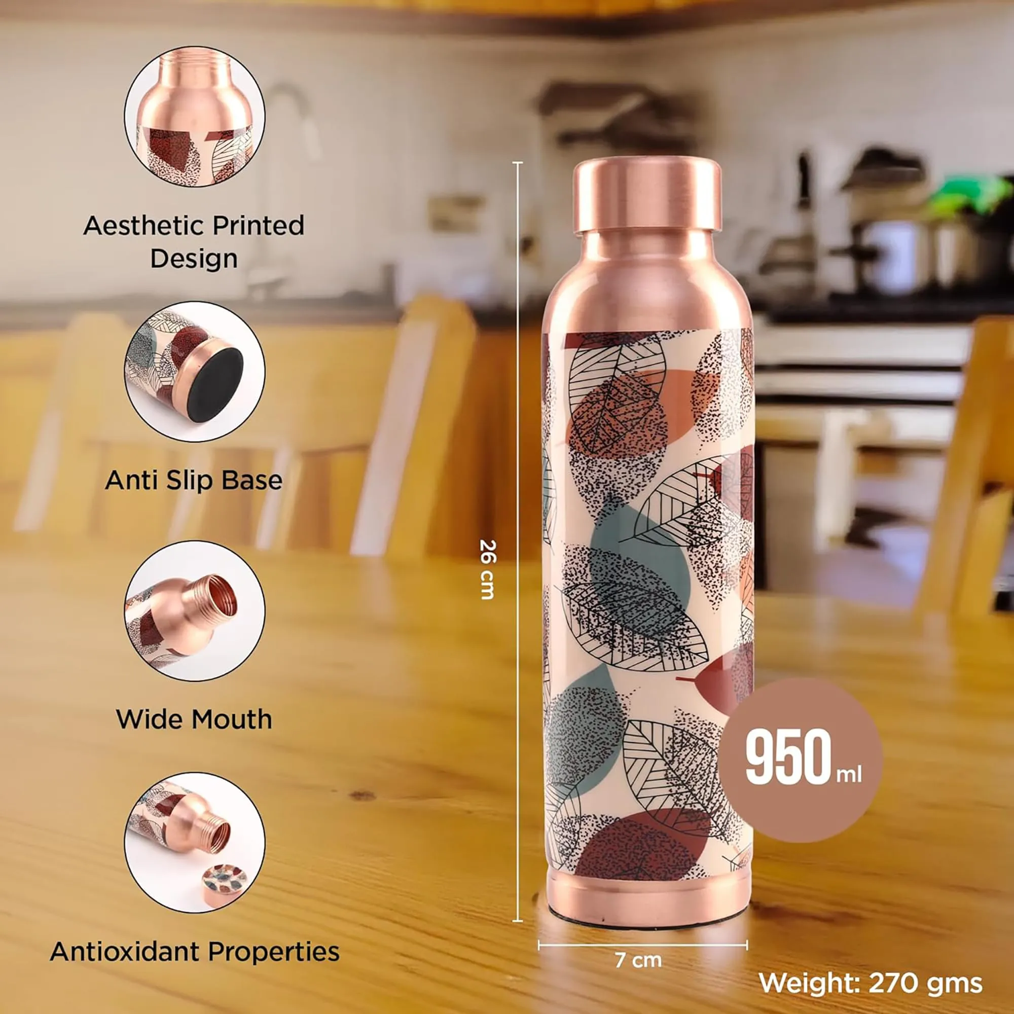 Kuber Industries Pack of 2 Copper Water Bottle - Leakproof & 950ml Non-Toxic Tamaba Bottle for Office/Gym/Yoga/College, Men & Women - Printed