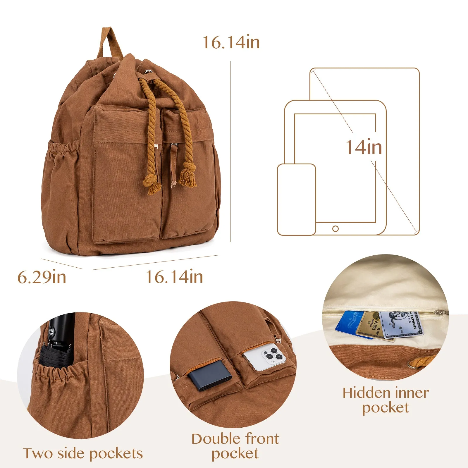 Large Vintage Canvas Drawstring Backpack