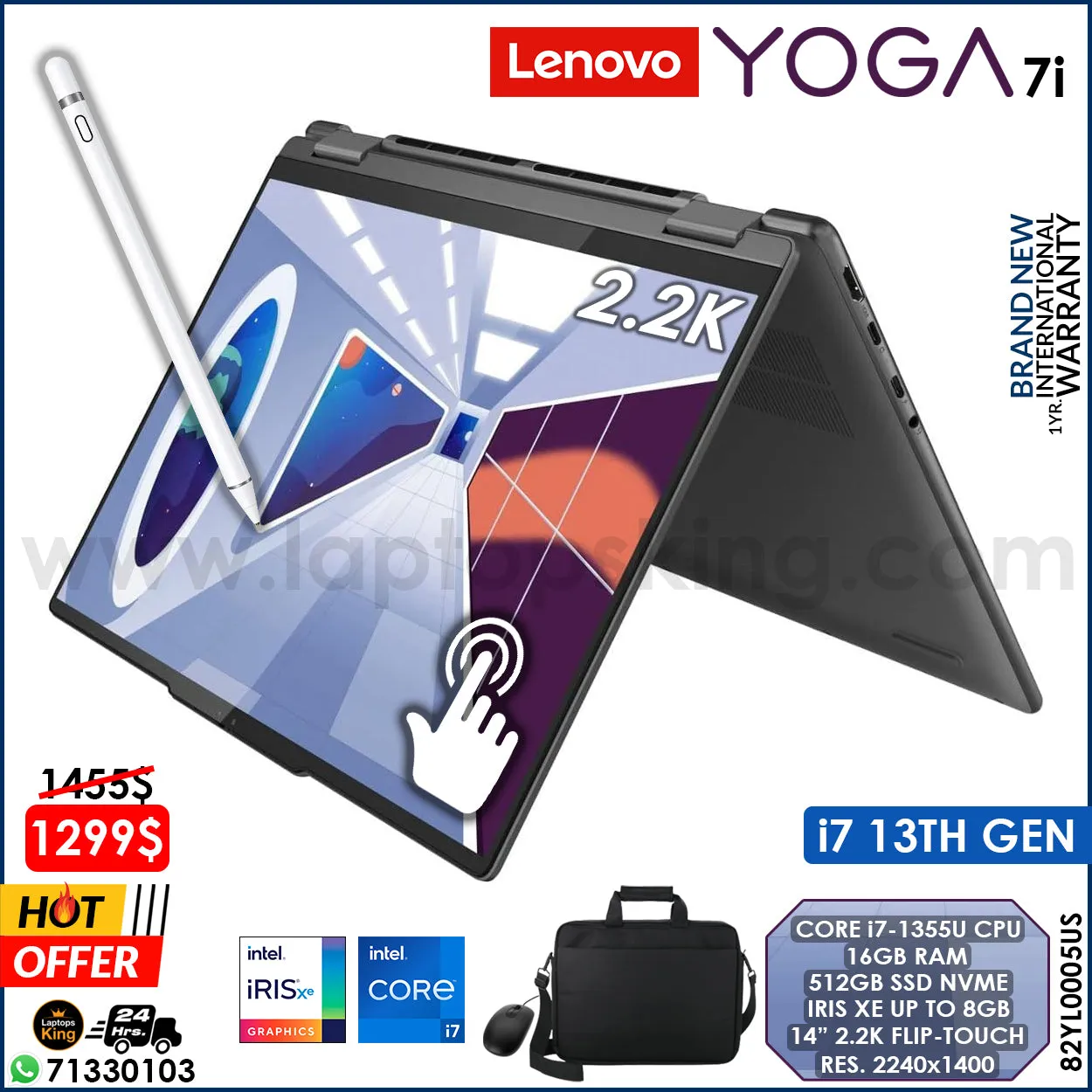 Lenovo Yoga 7i 82YL0005US 2in1 Core i7-1355u Iris Xe 2.2k Touch Laptop (Brand New)