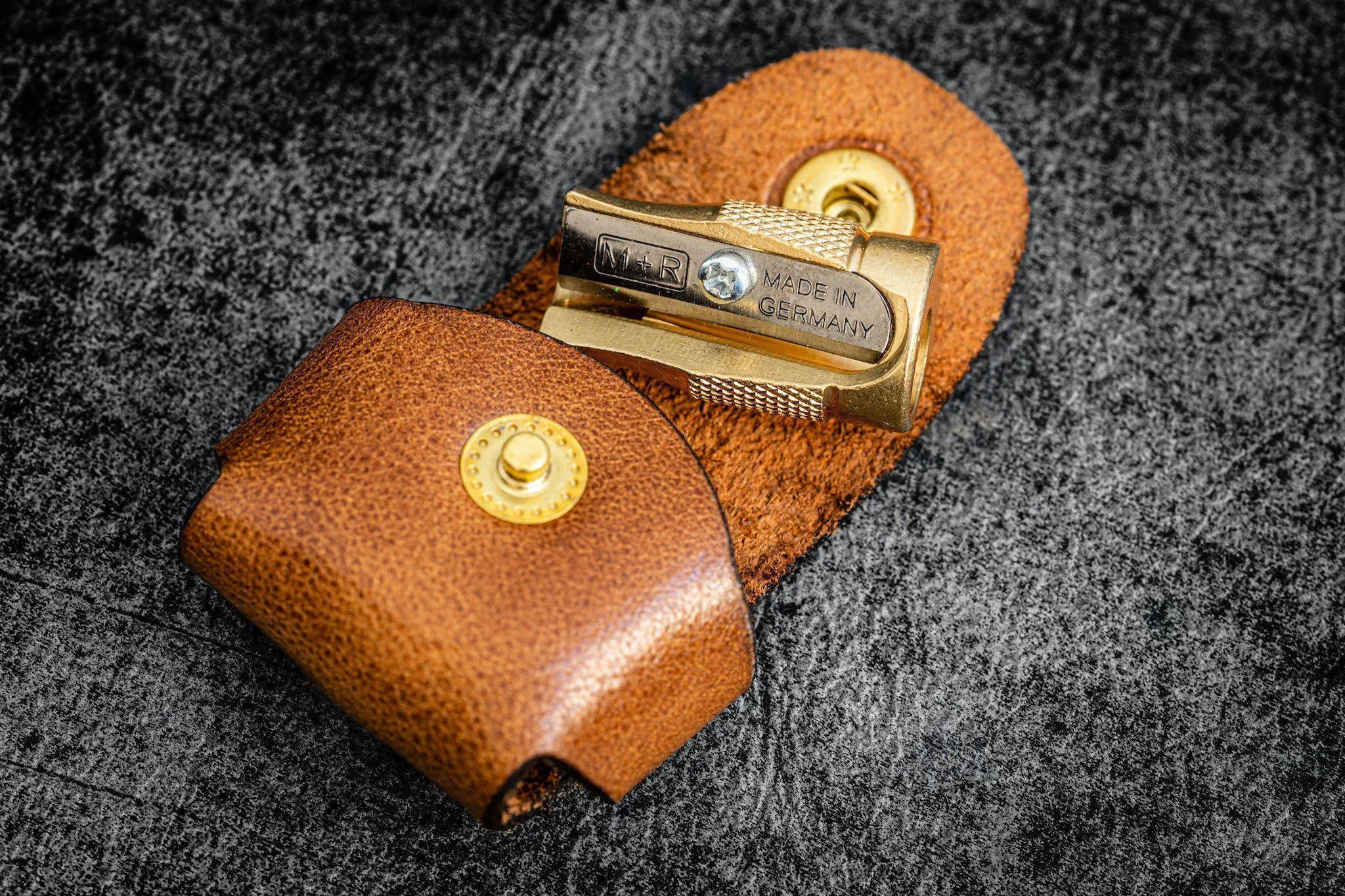 M R Brass Pencil Sharpener - With Leather Case