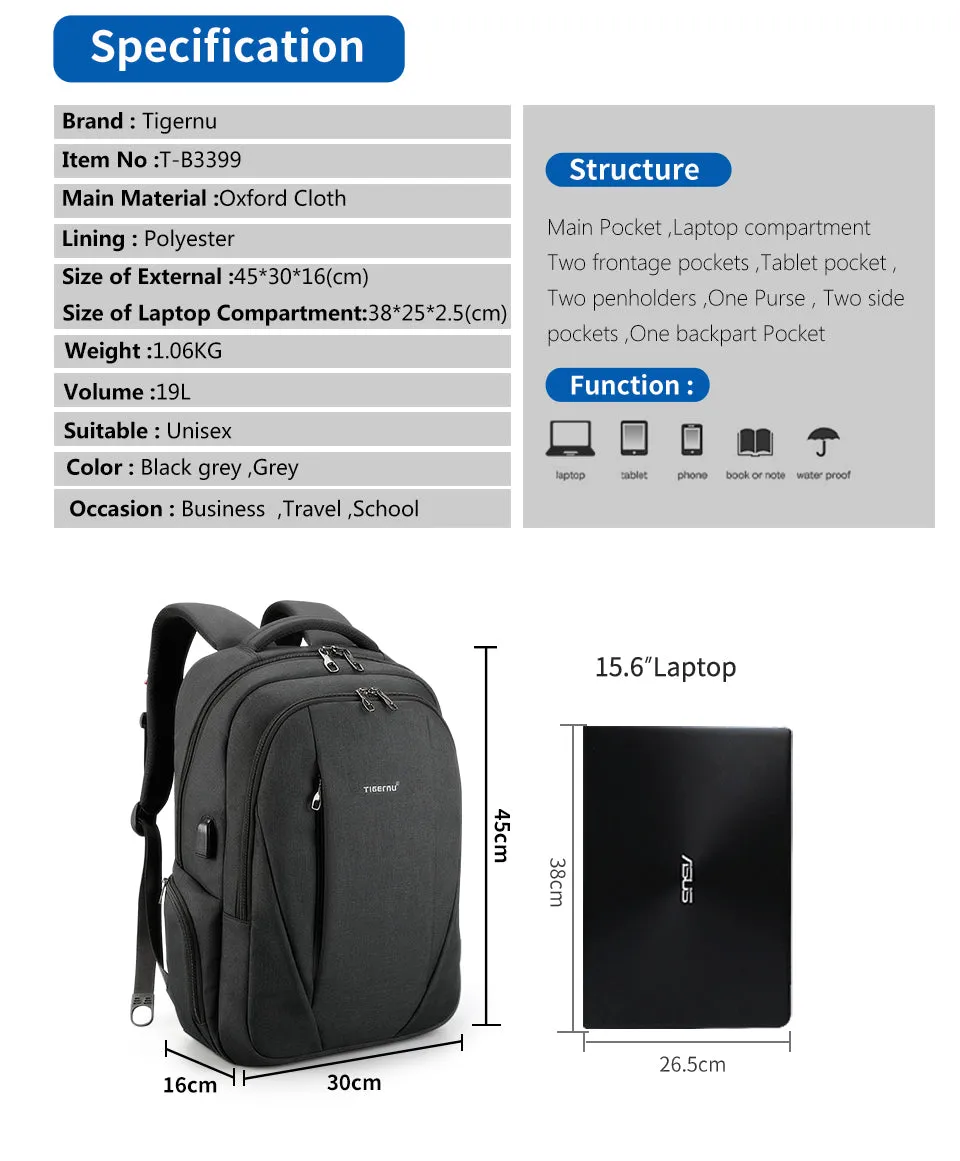 Men's Anti Theft 15.6" Laptop Backpack With External USB Port - Black,Grey