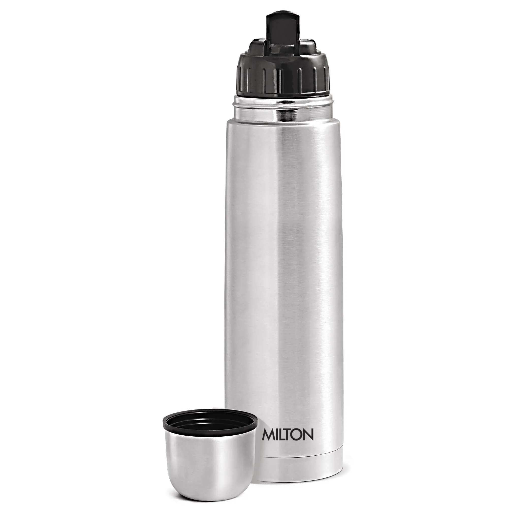 MILTON Thermosteel Flip Lid Flask, 1000 milliliters, Silver & Thermosteel Carafe, 1.5 litres, Silver Combo