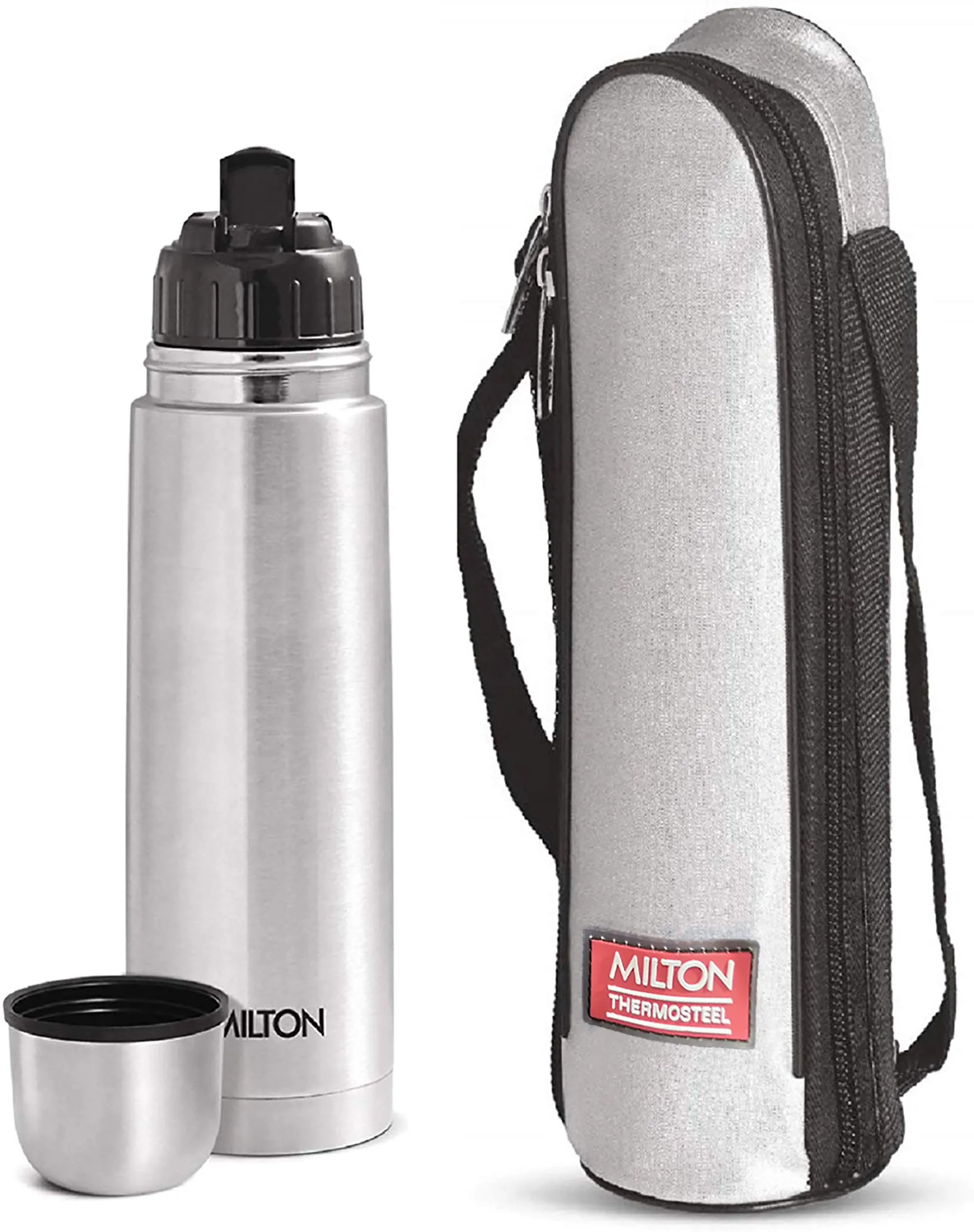 MILTON Thermosteel Flip Lid Flask, 1000 milliliters, Silver & Thermosteel Carafe, 1.5 litres, Silver Combo