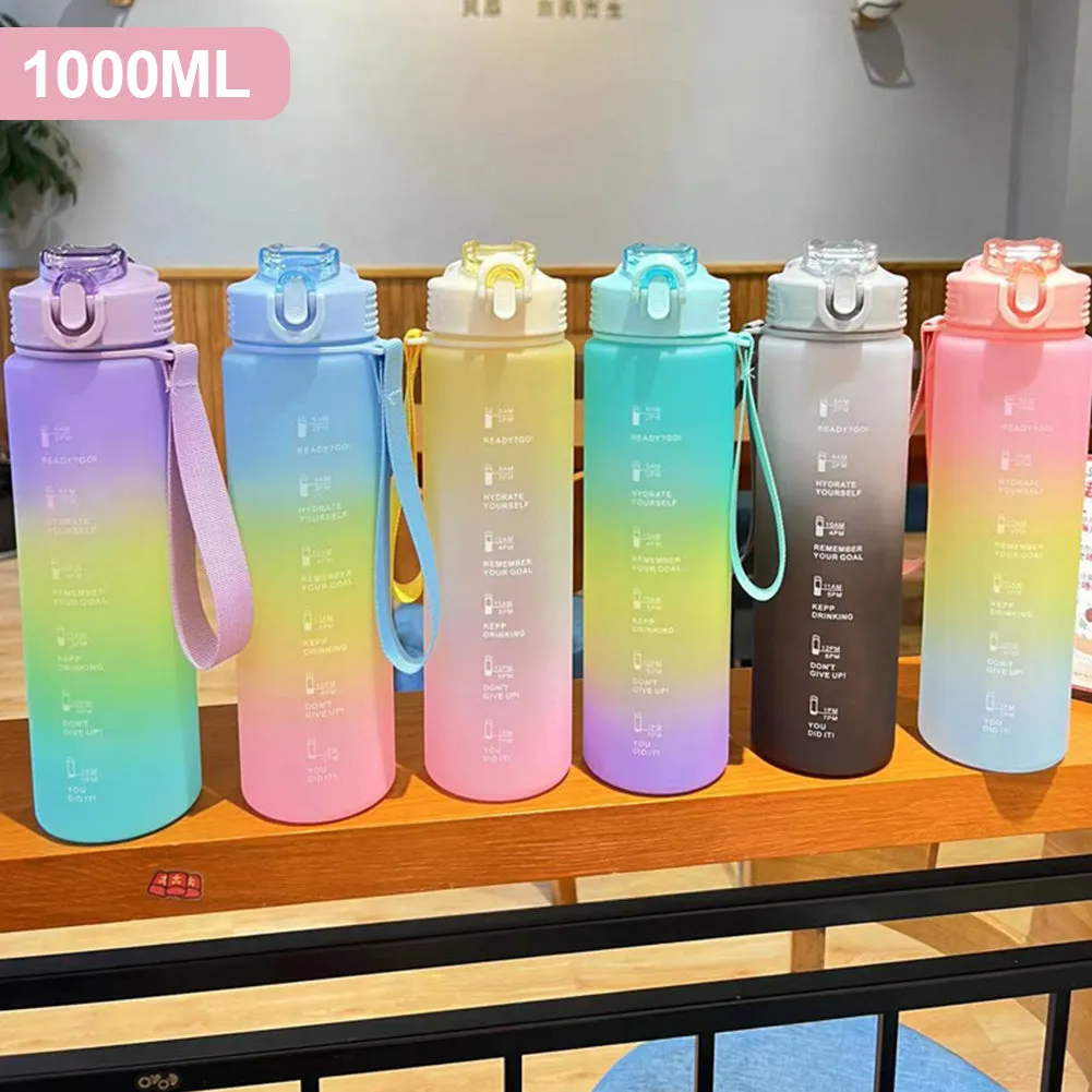 Motivational Water Bottle with Times to Drink and Straw-Pink