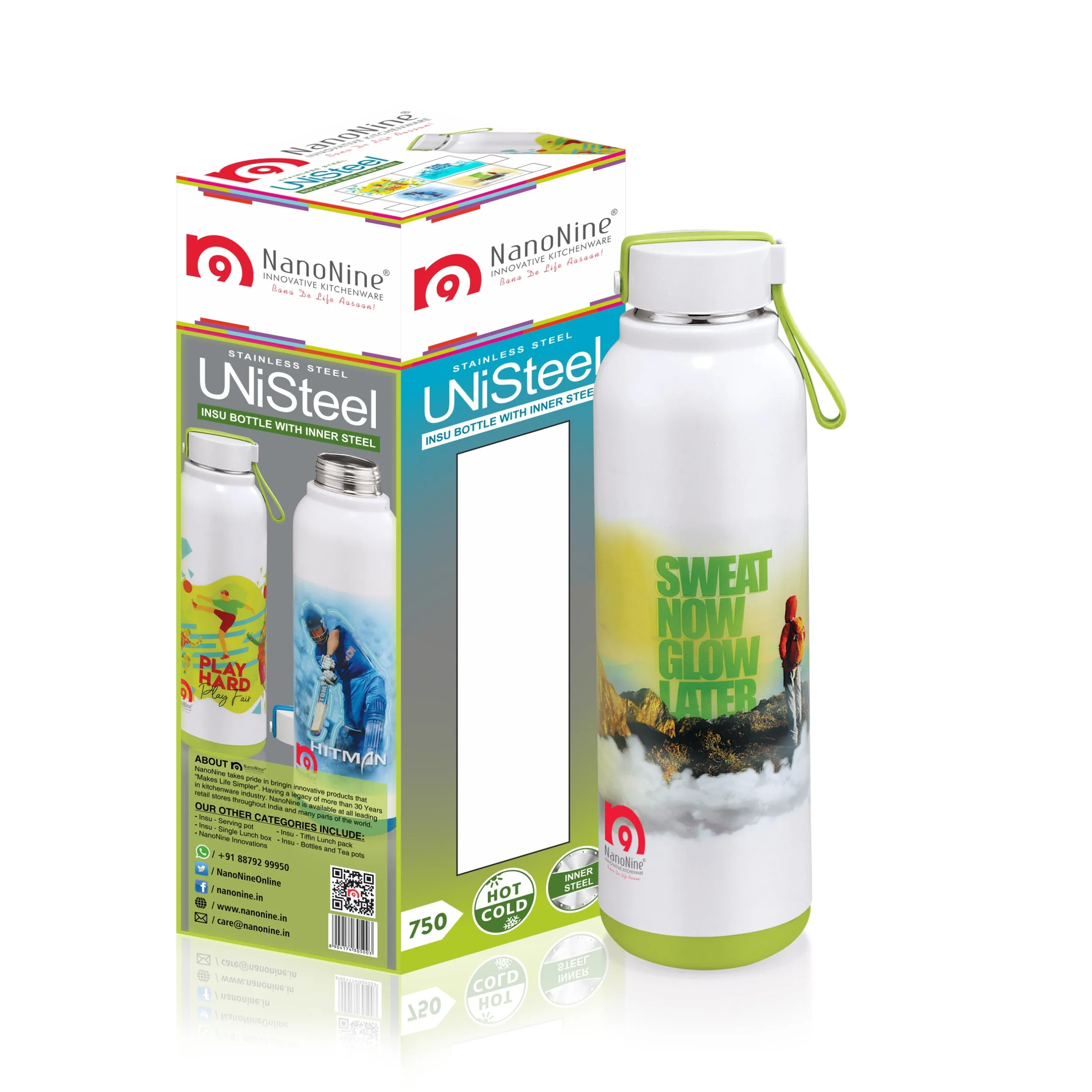 NanoNine Uni Steel 700ml (Sweat Now Glow Later Green) Double Wall Insulated Stainless Steel Bottle.