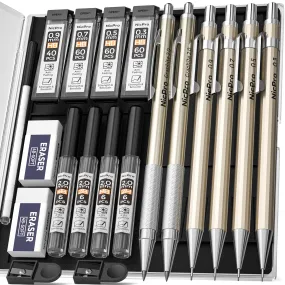 Nicpro 6 PCS Art Mechanical Pencils Set Metal, Artist Drafting Pencil 0.3 & 0.5 & 0.7 & 0.9 mm and 2mm Lead Holder For Art Writing, Sketching Drawing,With 8 Tubes Lead Refills Erasers Sharpener