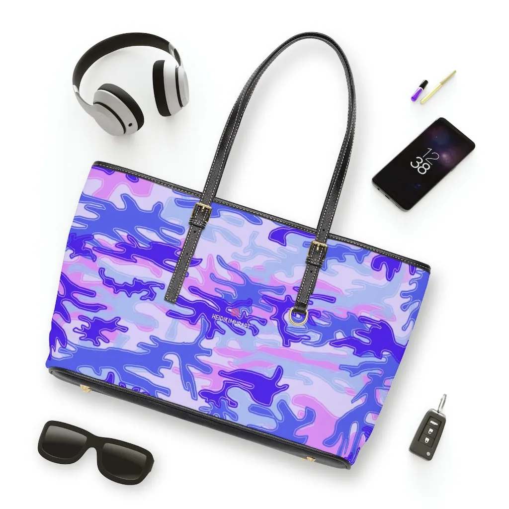 Pale Purple Camo Tote Bag, Army Printed PU Leather Shoulder Hand Work Bag 17"x11"/ 16"x10"