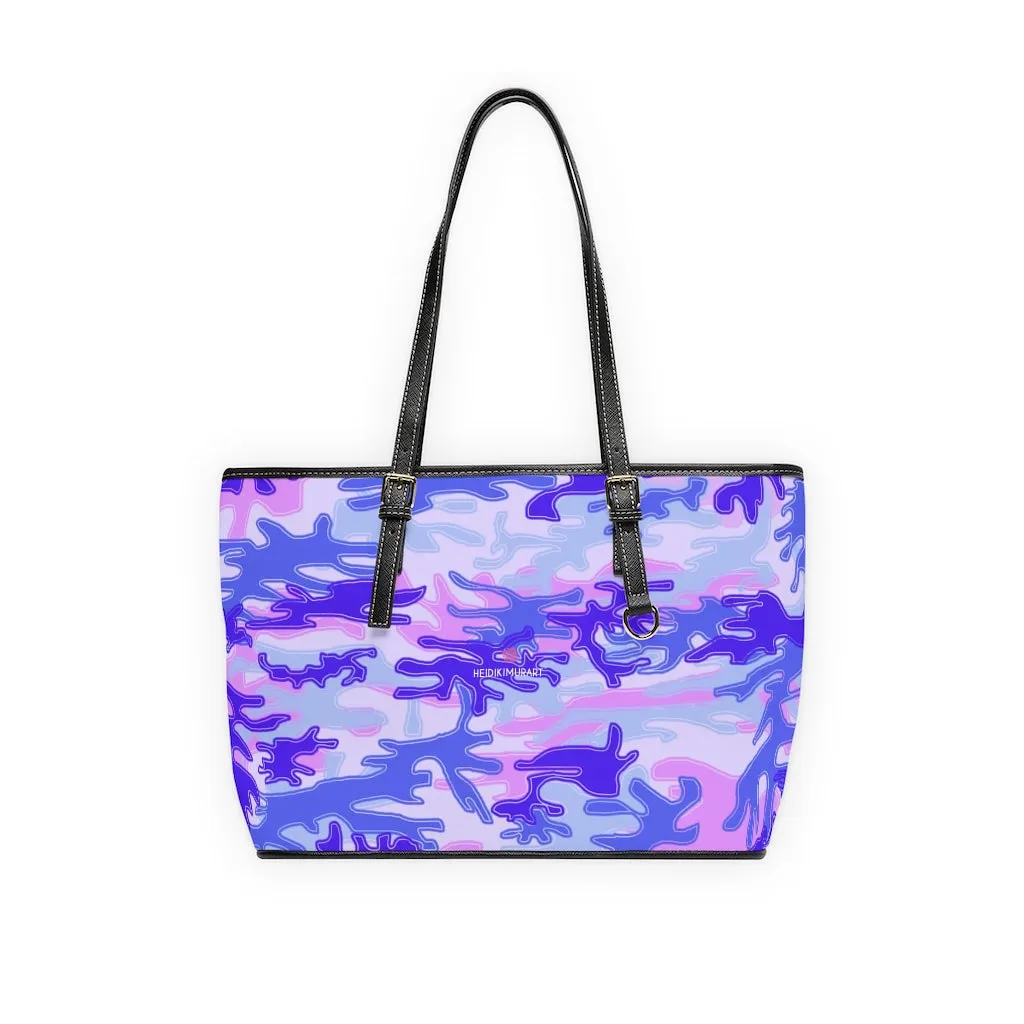 Pale Purple Camo Tote Bag, Army Printed PU Leather Shoulder Hand Work Bag 17"x11"/ 16"x10"