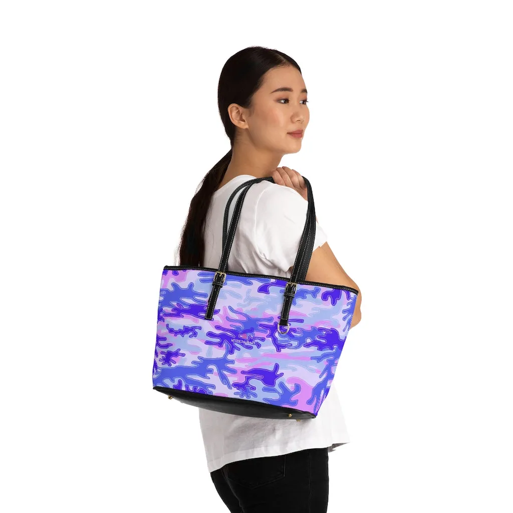 Pale Purple Camo Tote Bag, Army Printed PU Leather Shoulder Hand Work Bag 17"x11"/ 16"x10"