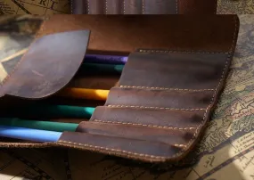 Personalized Brown Leather Pencil Roll Holder