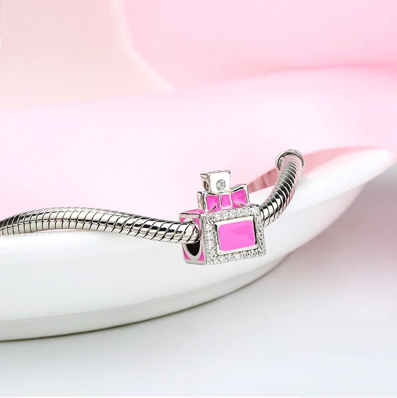 Pink Cubic Zirconia Perfume Bottle Charm 925 Sterling Silver