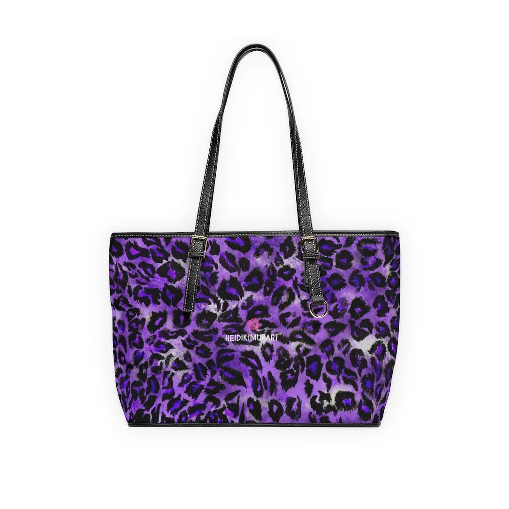 Purple Leopard Best Tote Bag, Leopard Animal Print Best Designer PU Leather Shoulder Bag For Ladies