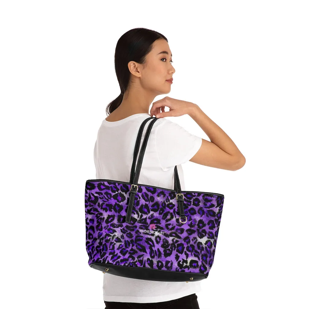 Purple Leopard Best Tote Bag, Leopard Animal Print Best Designer PU Leather Shoulder Bag For Ladies