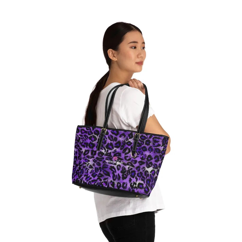 Purple Leopard Best Tote Bag, Leopard Animal Print Best Designer PU Leather Shoulder Bag For Ladies