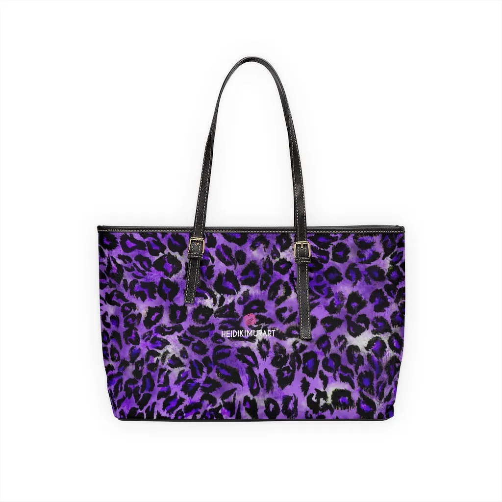 Purple Leopard Best Tote Bag, Leopard Animal Print Best Designer PU Leather Shoulder Bag For Ladies