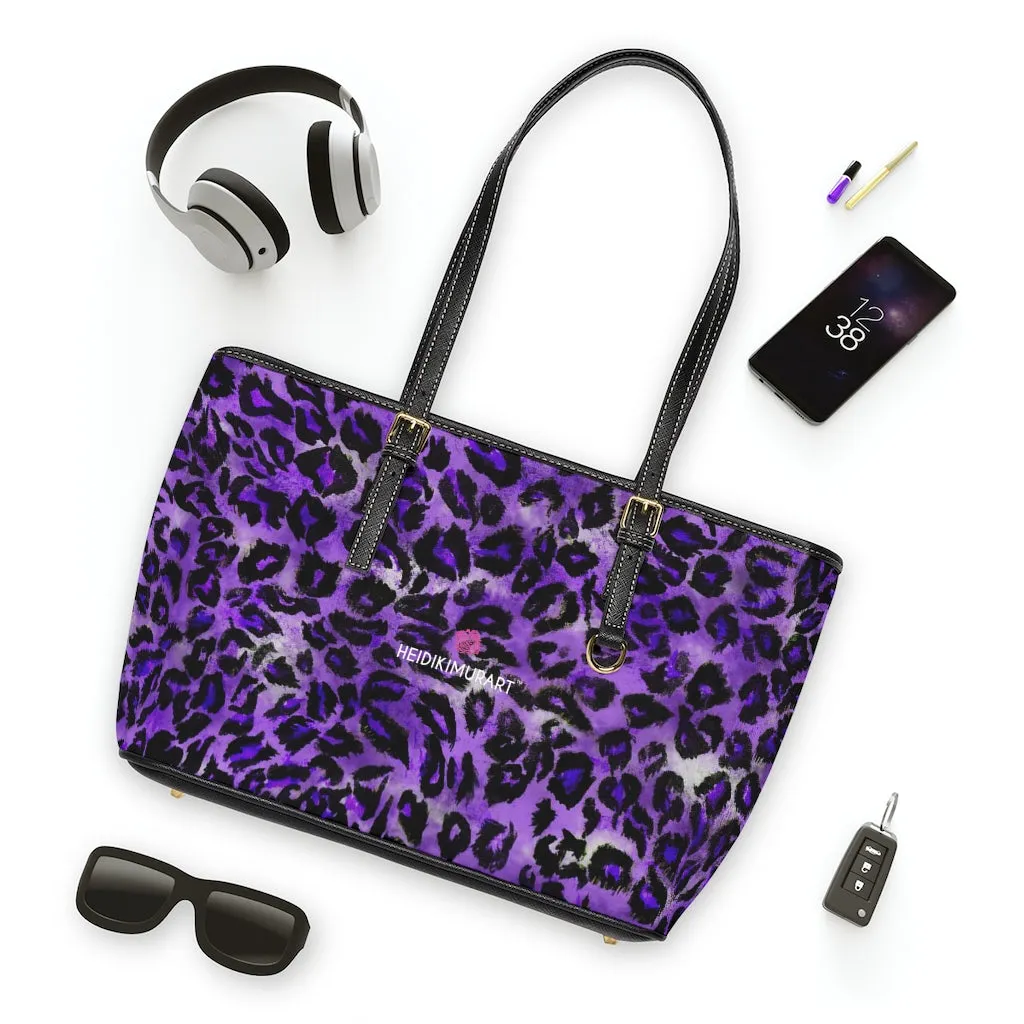 Purple Leopard Best Tote Bag, Leopard Animal Print Best Designer PU Leather Shoulder Bag For Ladies