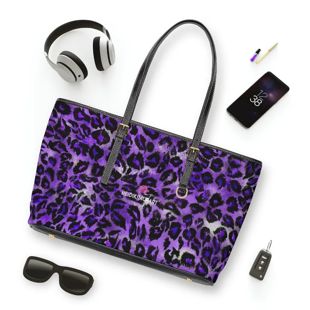 Purple Leopard Best Tote Bag, Leopard Animal Print Best Designer PU Leather Shoulder Bag For Ladies