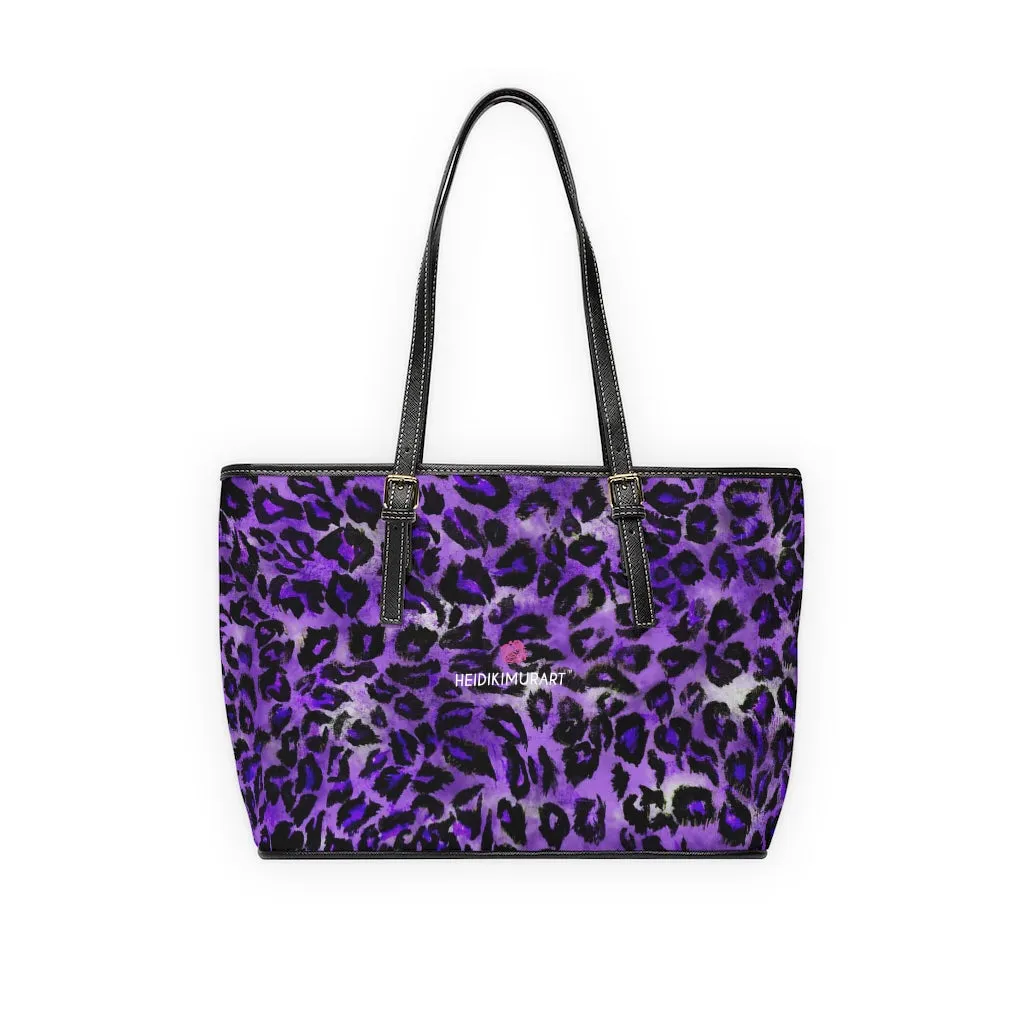 Purple Leopard Best Tote Bag, Leopard Animal Print Best Designer PU Leather Shoulder Bag For Ladies