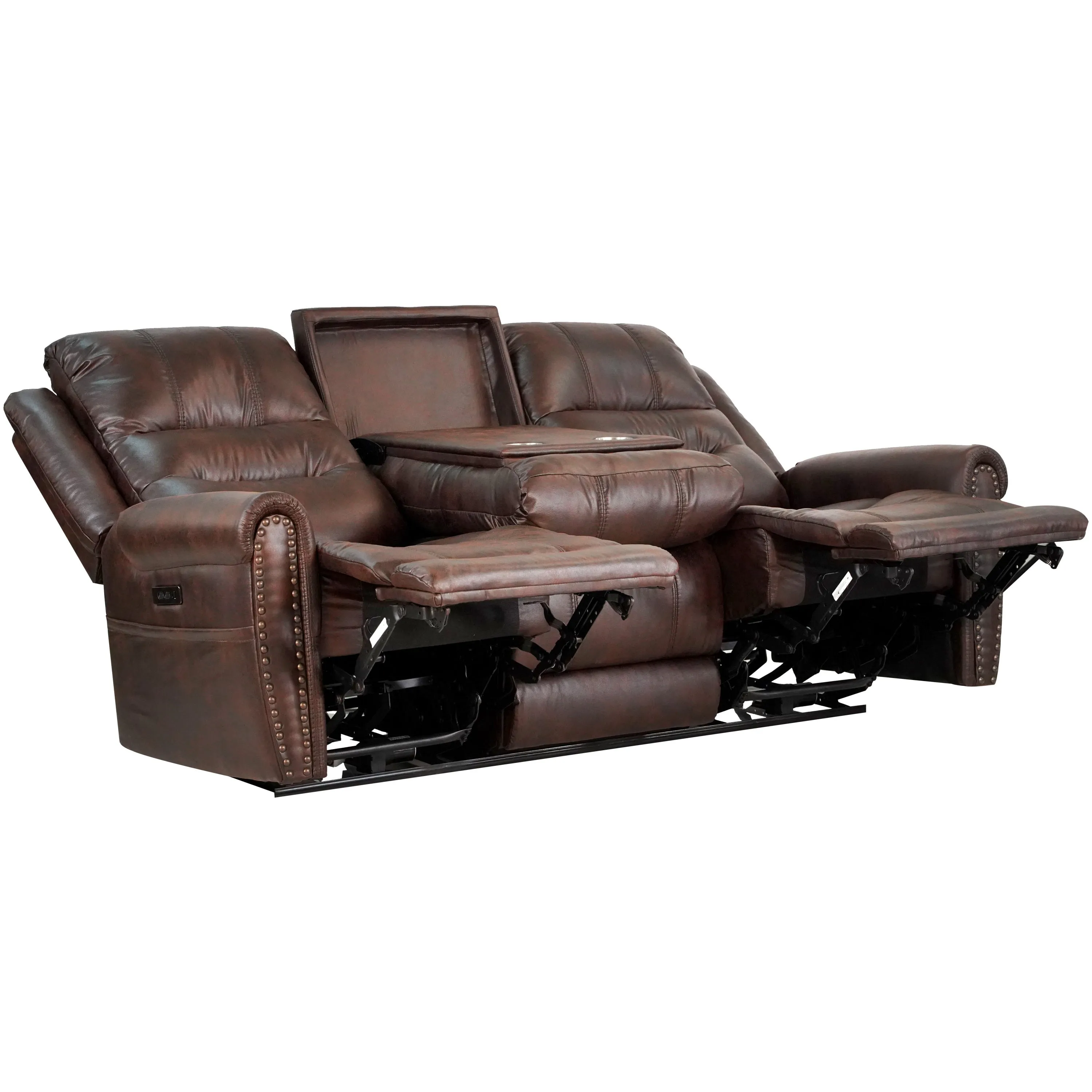 Slora Leather Gel Brown Power Reclining 81.5" Sofa With Power Headrest and Dropdown Center Table ( Sofa )