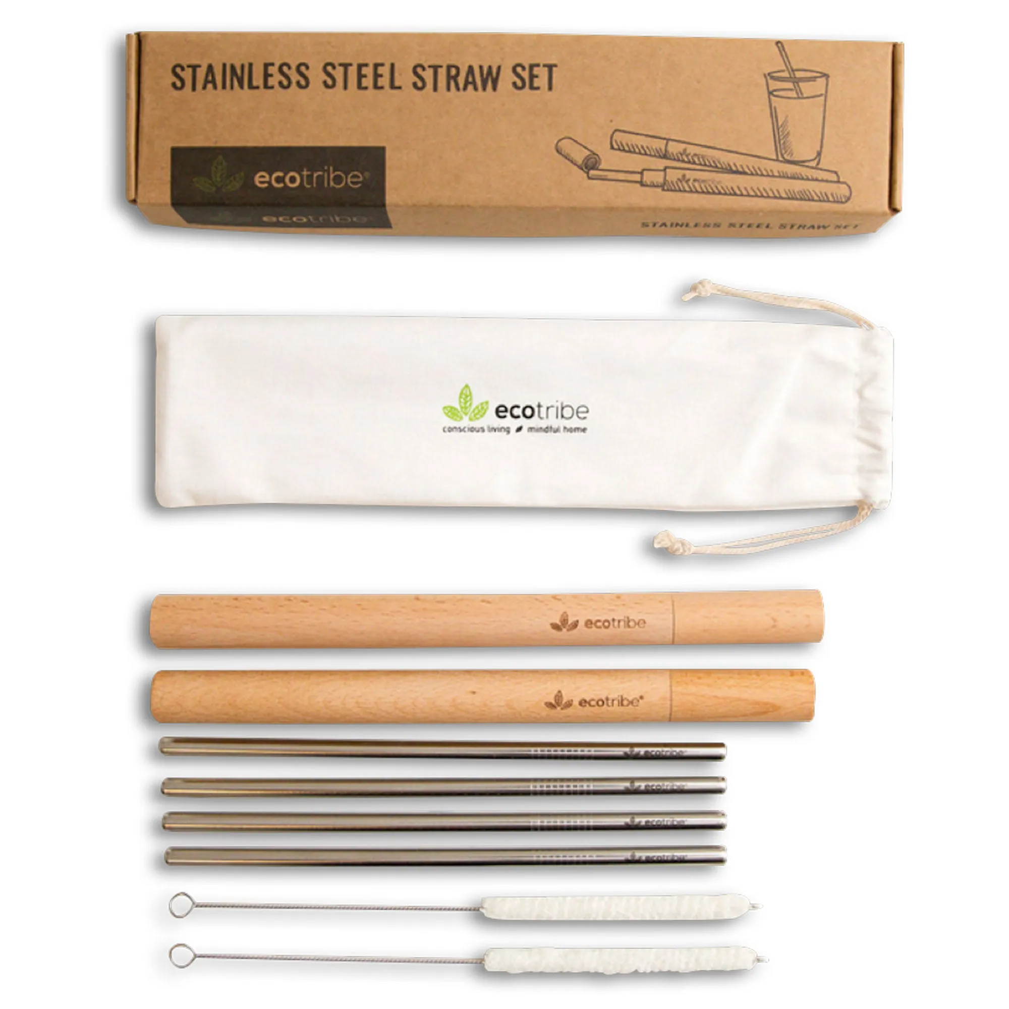 Stainless Steel Metal Straws & Wooden Case Set - 2 Cases   4 Straws