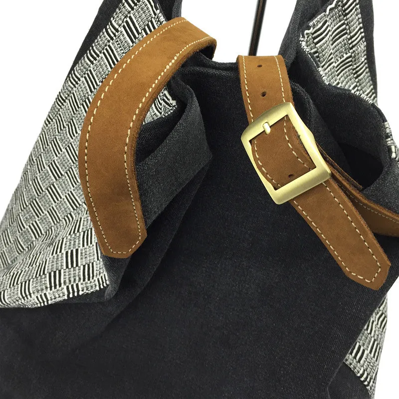 Stone Washed Canvas Tote - Black with handwoven strip