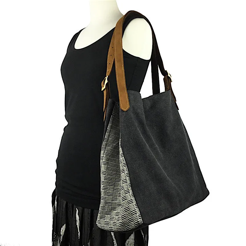 Stone Washed Canvas Tote - Black with handwoven strip