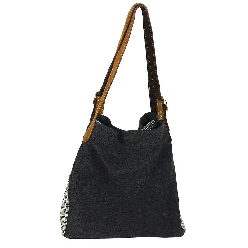 Stone Washed Canvas Tote - Black with handwoven strip