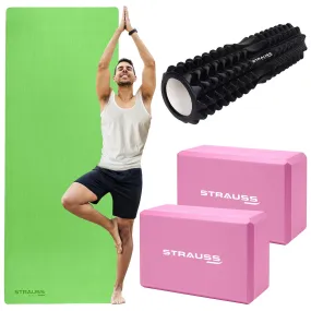 STRAUSS Yoga Combo Kit (1 Yoga Mat, 2 Yoga Blocks, 1 Foam Roller) | Green EVA Yoga Mat (6mm), 2 EVA Foam Pink Yoga Blocks, Grid Pattern Black Foam Roller | Ideal for Yoga & Training