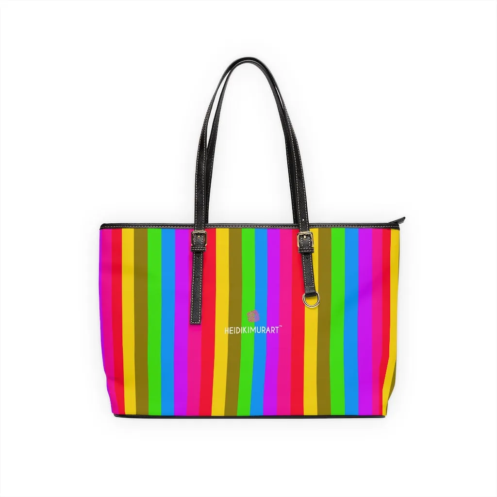 Stripes Colorful Tote Bag, Best Designer PU Leather Shoulder Hand Work Bag 17"x11"/ 16"x10"