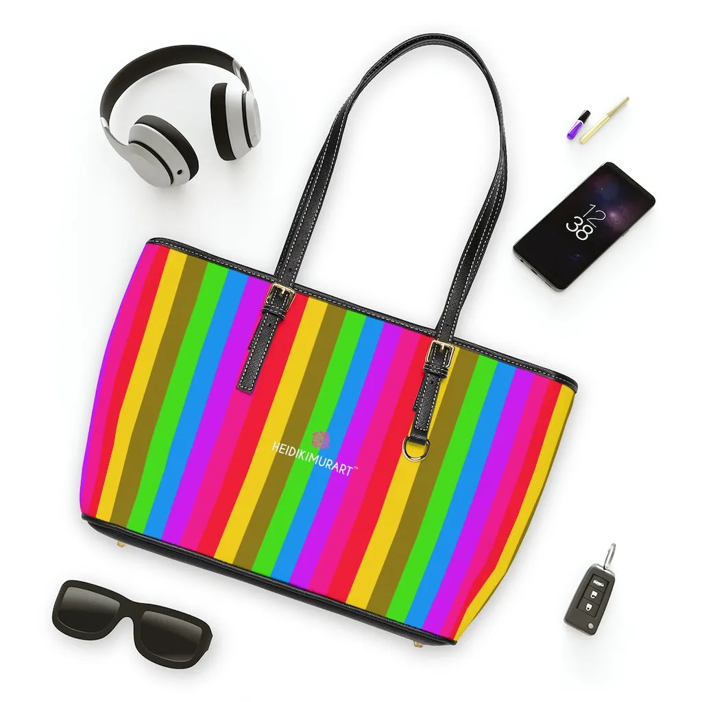 Stripes Colorful Tote Bag, Best Designer PU Leather Shoulder Hand Work Bag 17"x11"/ 16"x10"