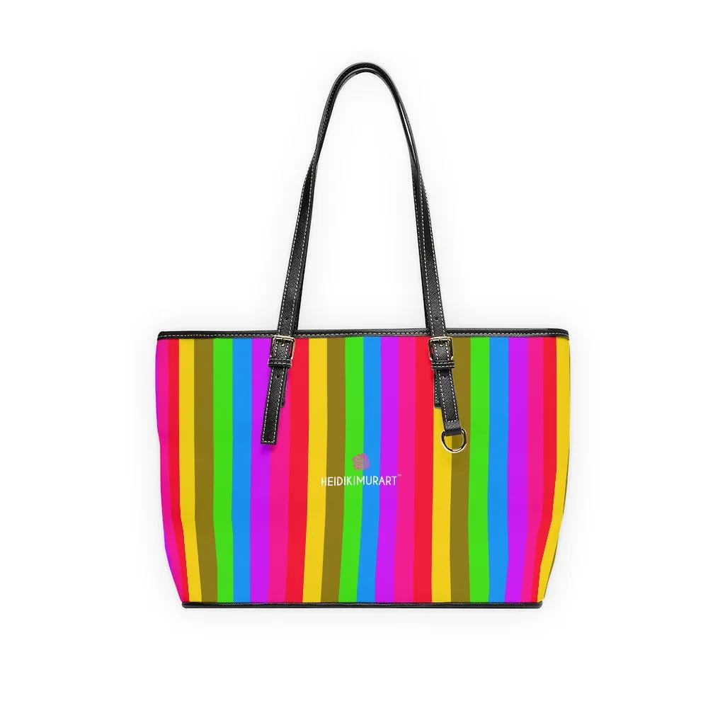 Stripes Colorful Tote Bag, Best Designer PU Leather Shoulder Hand Work Bag 17"x11"/ 16"x10"