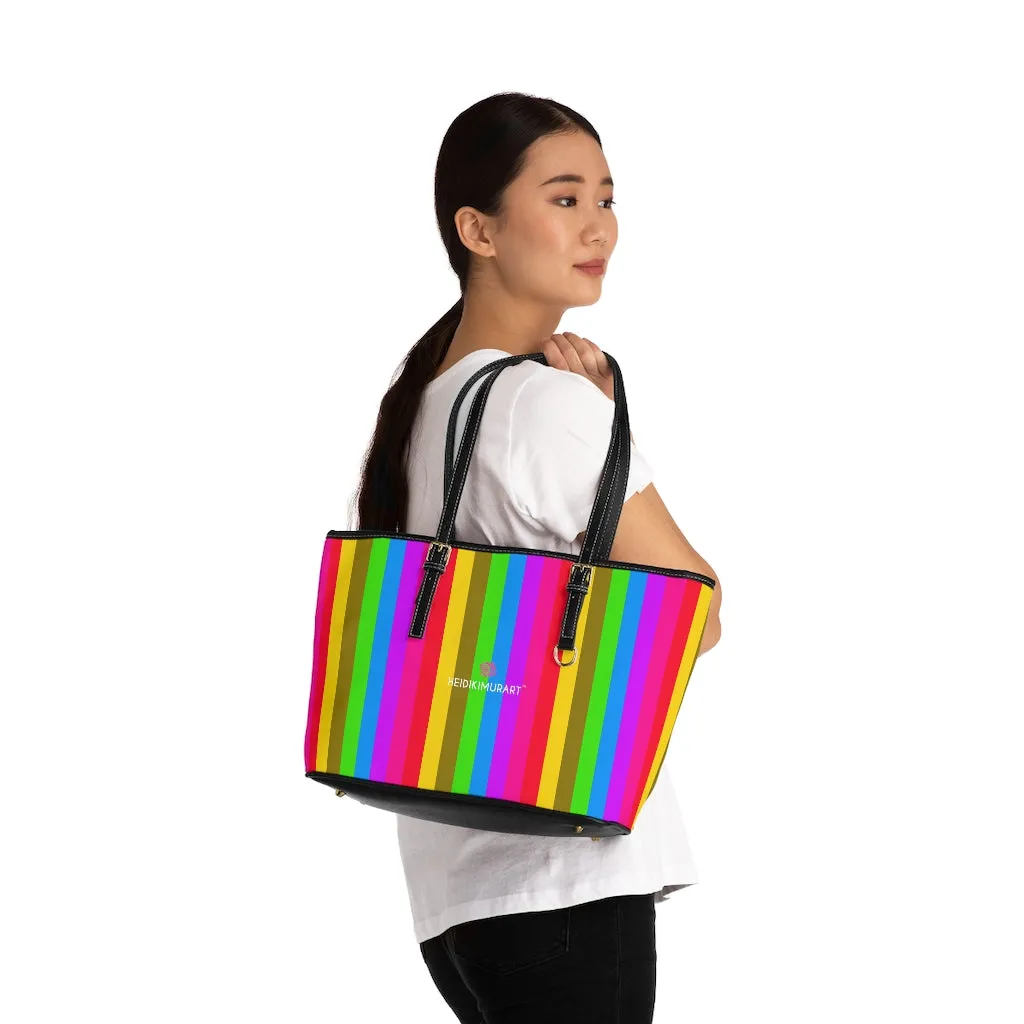 Stripes Colorful Tote Bag, Best Designer PU Leather Shoulder Hand Work Bag 17"x11"/ 16"x10"