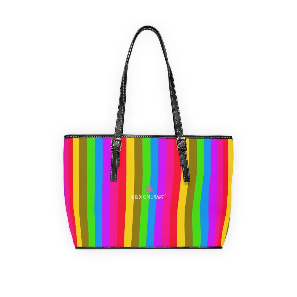 Stripes Colorful Tote Bag, Best Designer PU Leather Shoulder Hand Work Bag 17"x11"/ 16"x10"