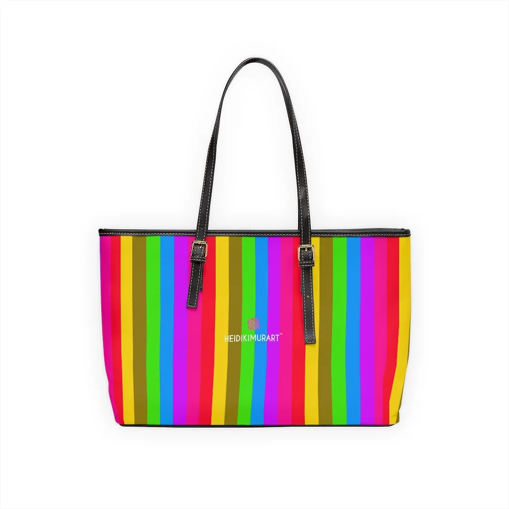 Stripes Colorful Tote Bag, Best Designer PU Leather Shoulder Hand Work Bag 17"x11"/ 16"x10"