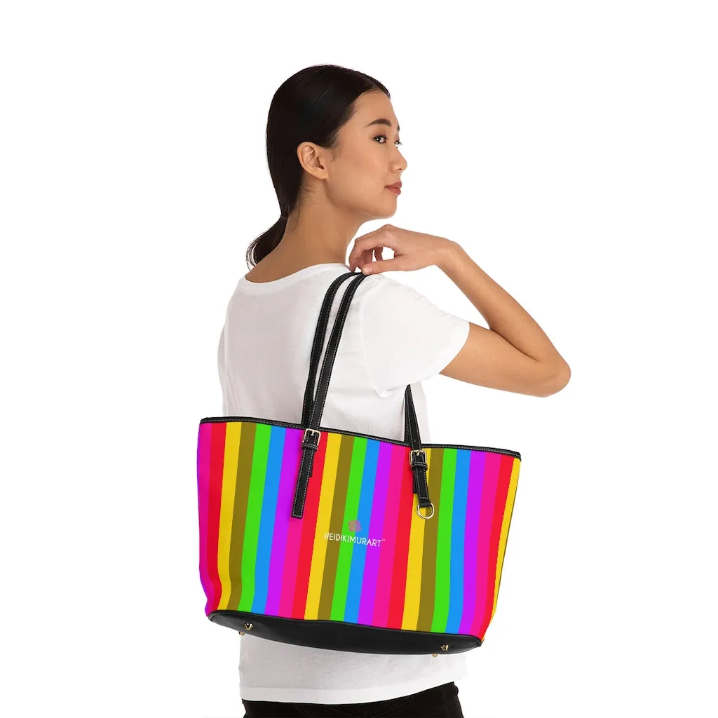 Stripes Colorful Tote Bag, Best Designer PU Leather Shoulder Hand Work Bag 17"x11"/ 16"x10"