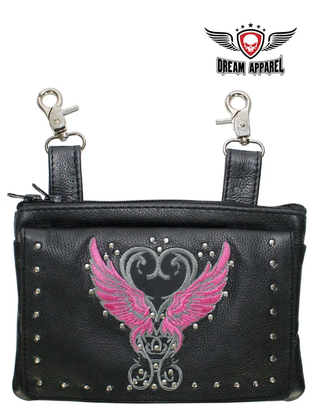 Studded Naked Cowhide Leather Belt Bag with Pink Wings