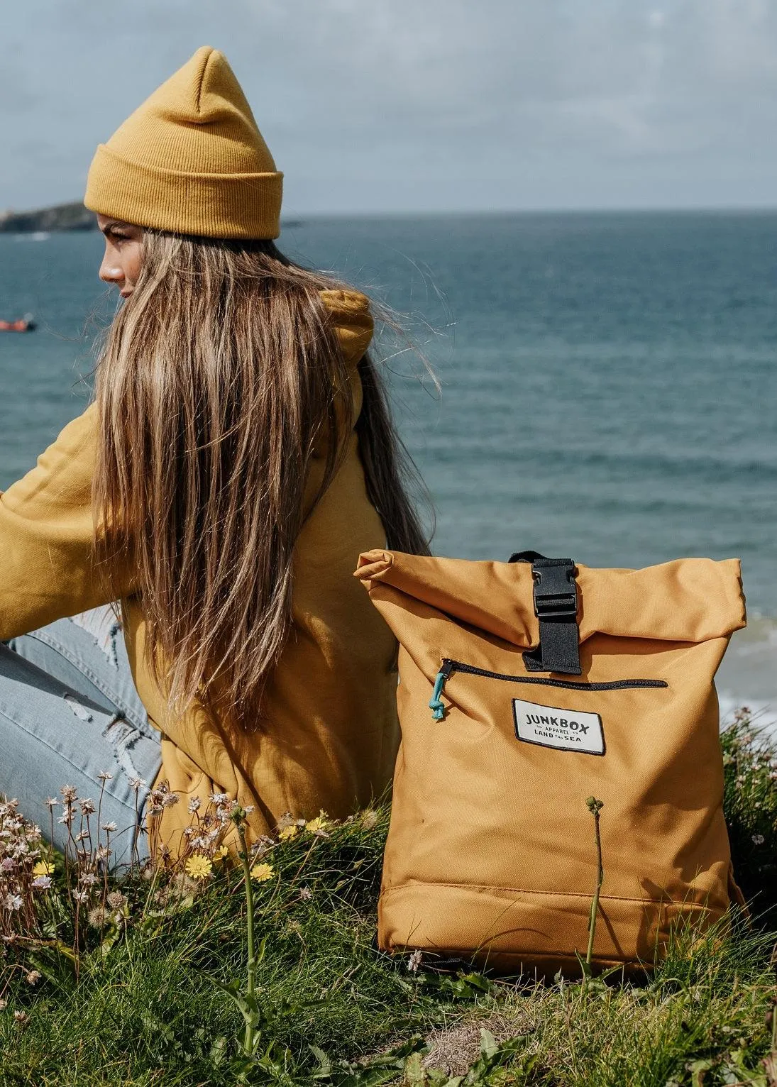 'The Adventurer' Recycled Roll-Top Backpack in Mustard