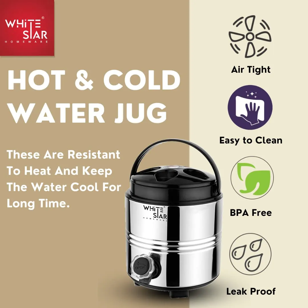 WHITESTAR Stainless Steel Water Camper/Water Jug for Home Kitchen Office I PUF Insulated Hot and Cold Upto 4-5 Hours I Vacuum Insulated Thermo Flask Jug Water Beverage Dispenser (3 Litre)